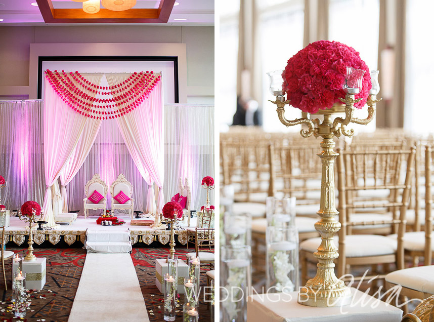 Gold and Hot Pink Wedding details, gold candelabra, pink carnation balls